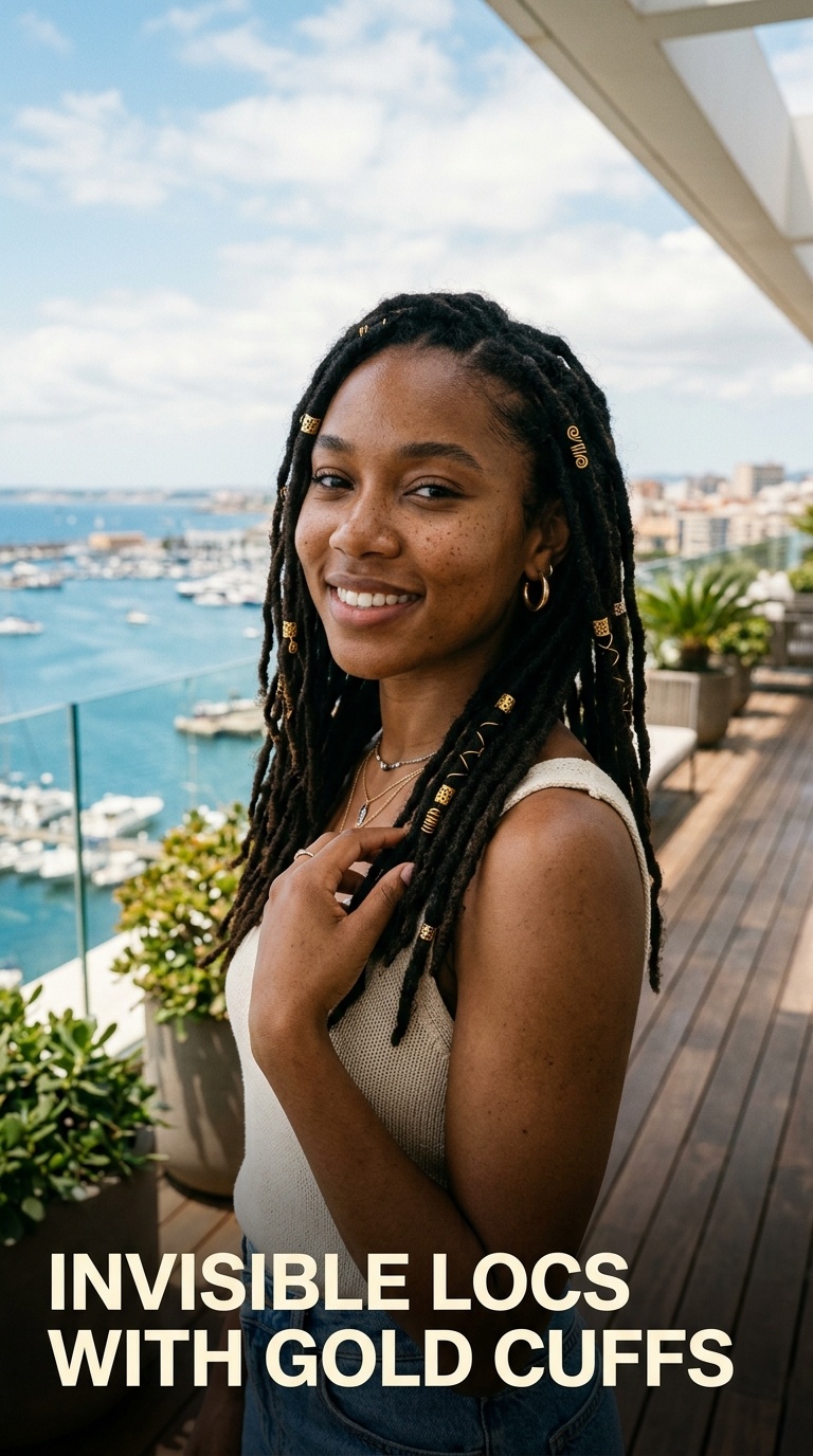 Invisible Locs with Gold Cuffs