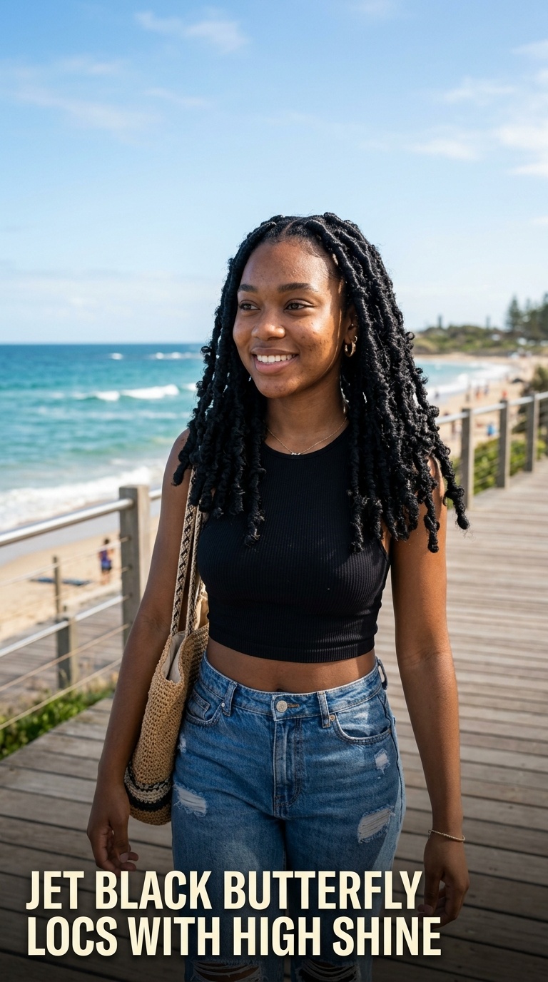 Jet Black Butterfly Locs with High Shine