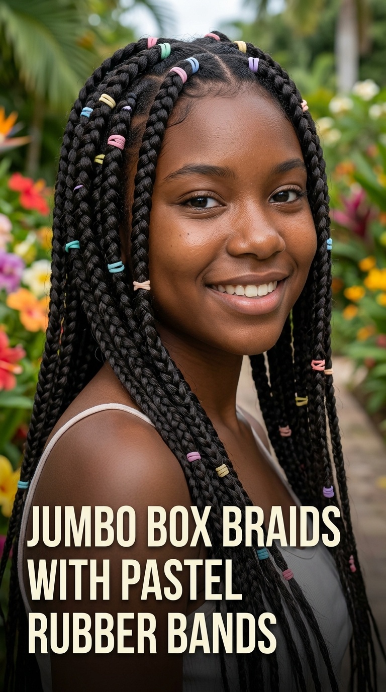 Jumbo Box Braids with Pastel Rubber Bands