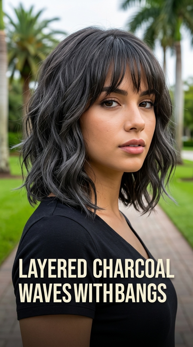 Layered Charcoal Waves with Bangs