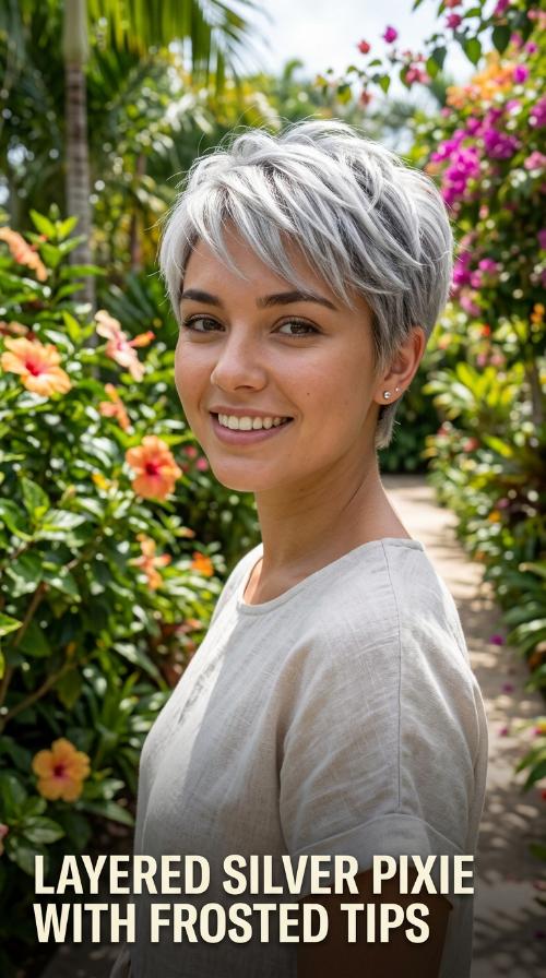 Layered Silver Pixie with Frosted Tips