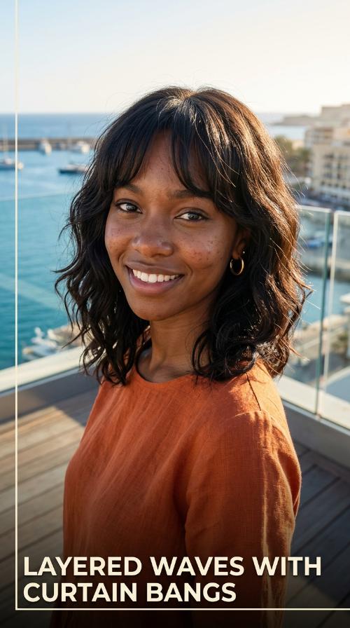 Layered Waves with Curtain Bangs