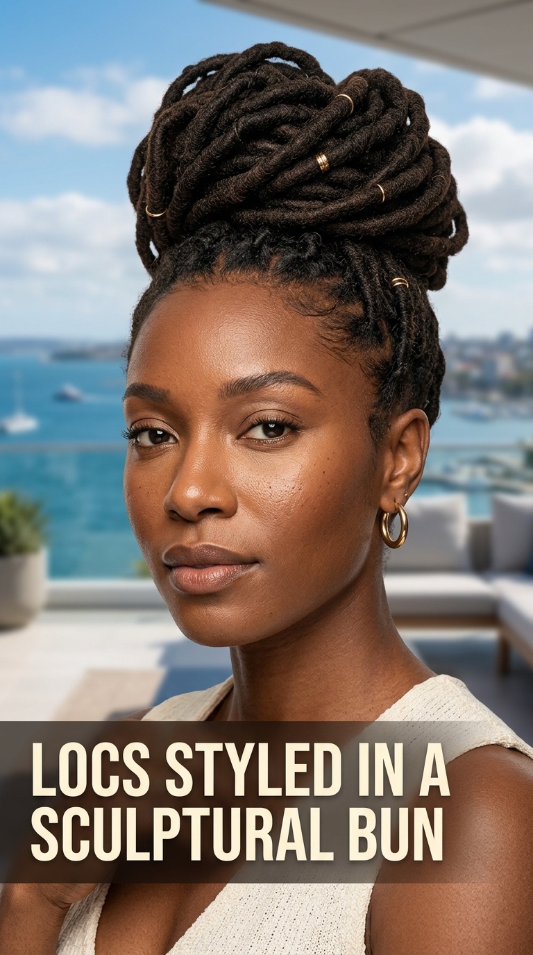 Locs Styled in a Sculptural Bun