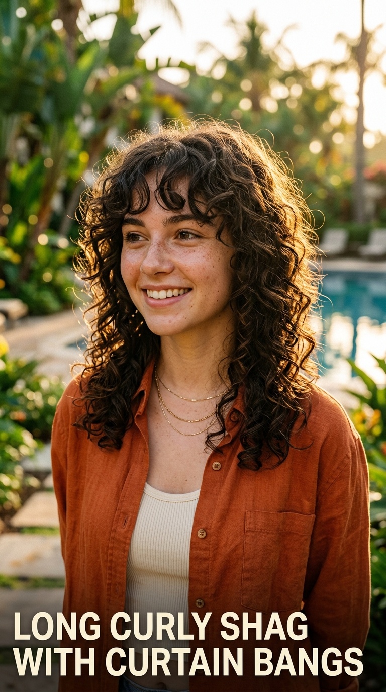 Long Curly Shag with Curtain Bangs