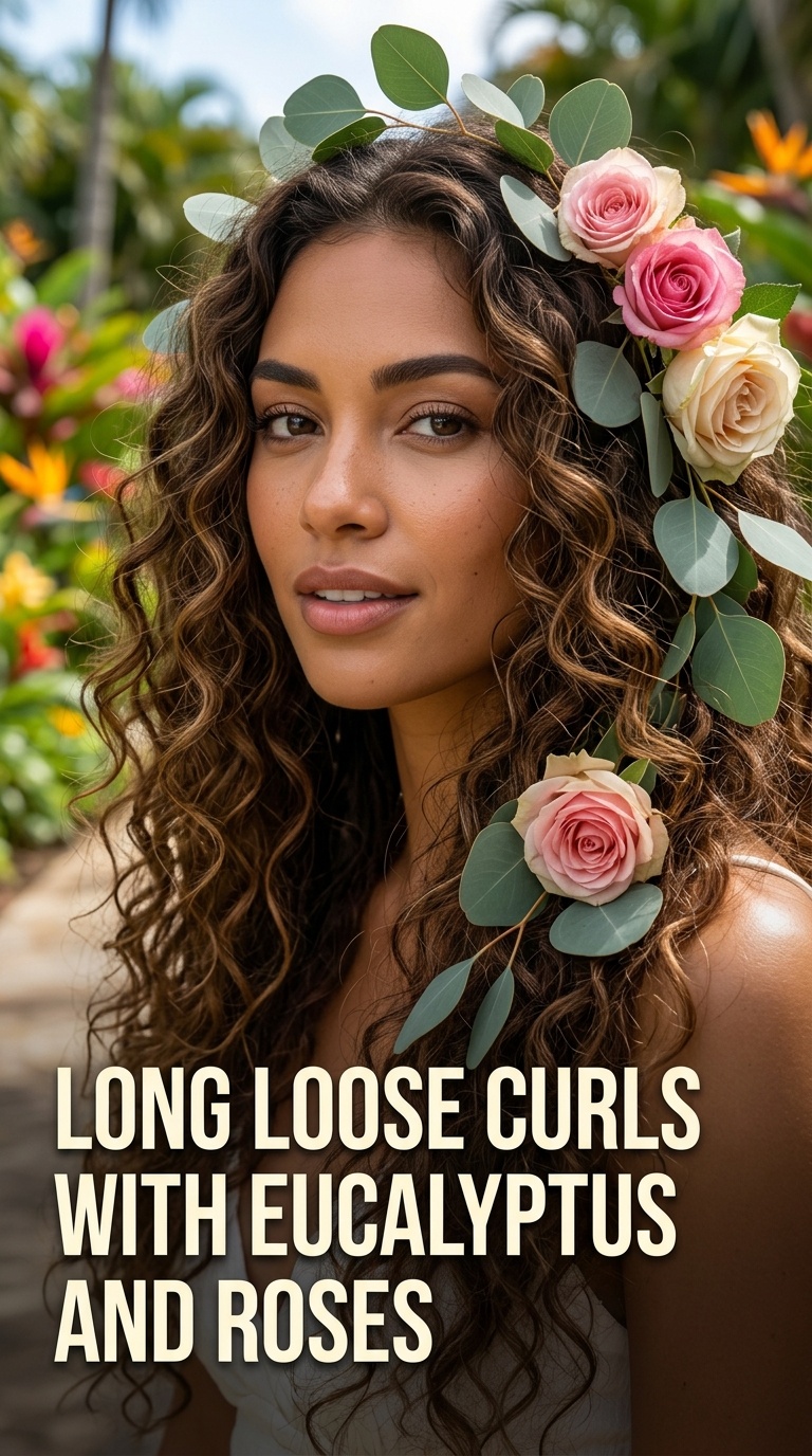 Long Loose Curls with Eucalyptus and Roses