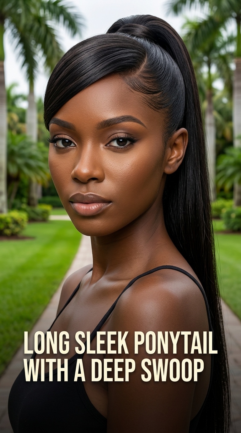 Long Sleek Ponytail with a Deep Swoop