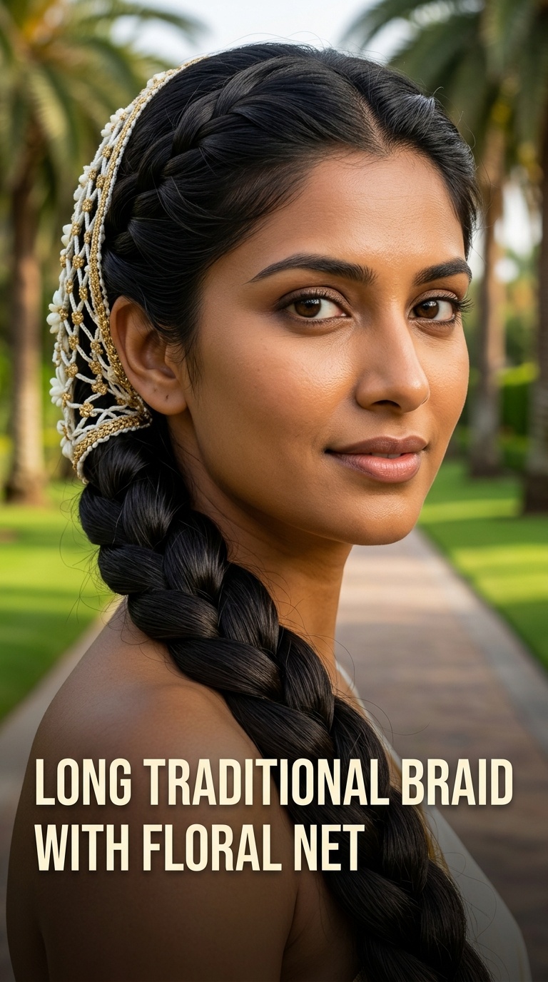 Long Traditional Braid with Floral Net