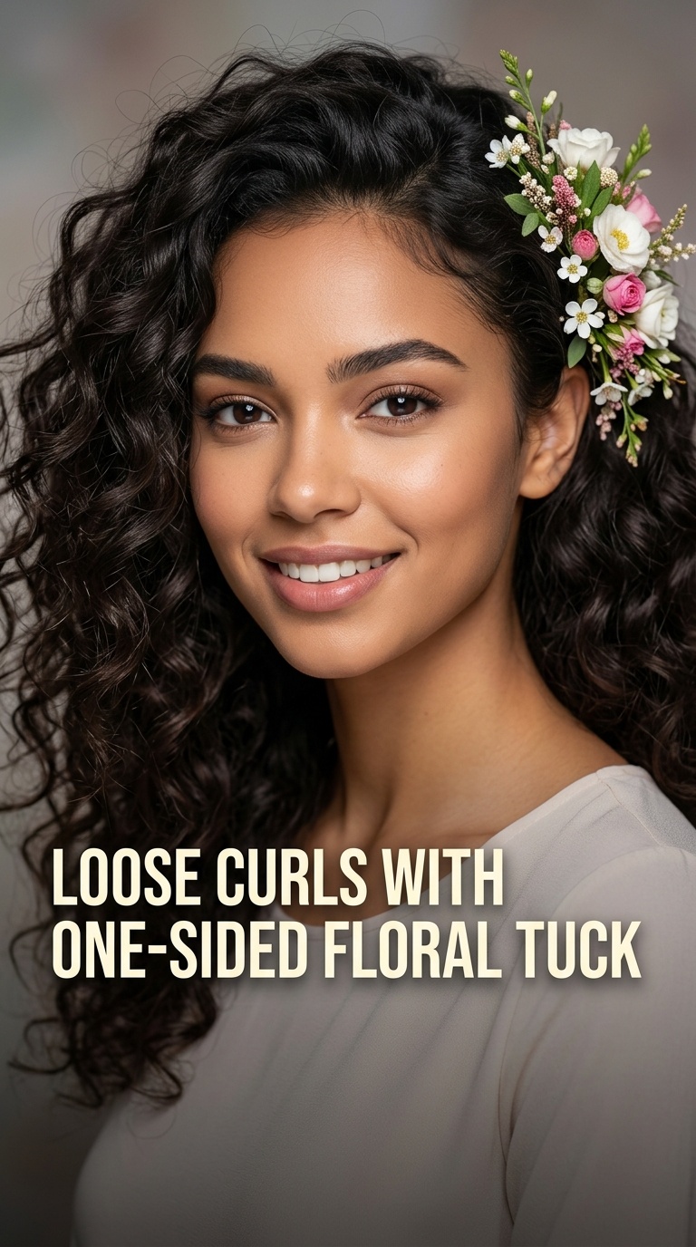 Loose Curls with One-Sided Floral Tuck