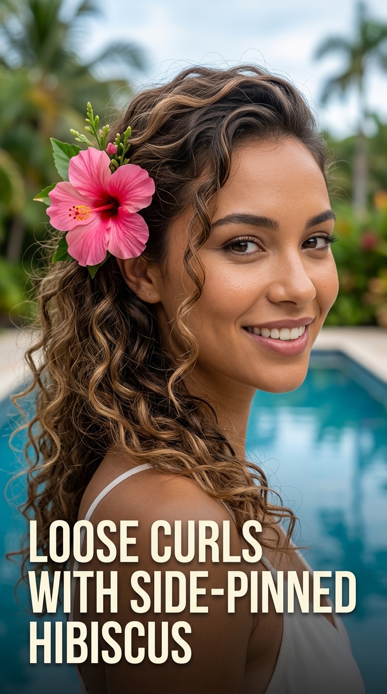 Loose Curls with Side-Pinned Hibiscus