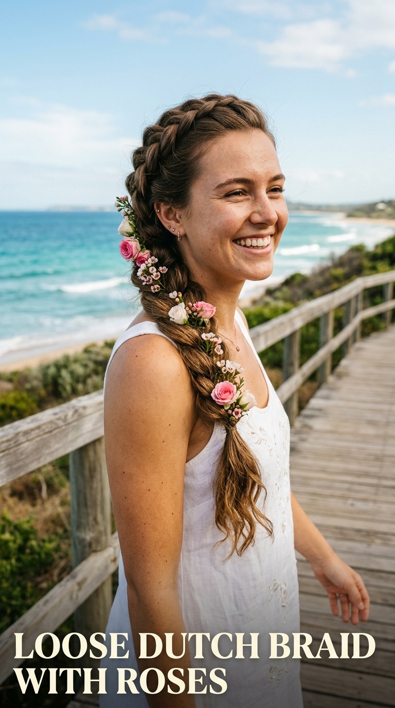 Loose Dutch Braid with Roses