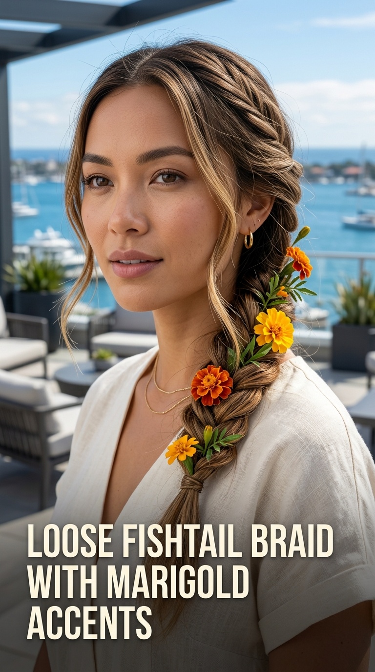 Loose Fishtail Braid with Marigold Accents