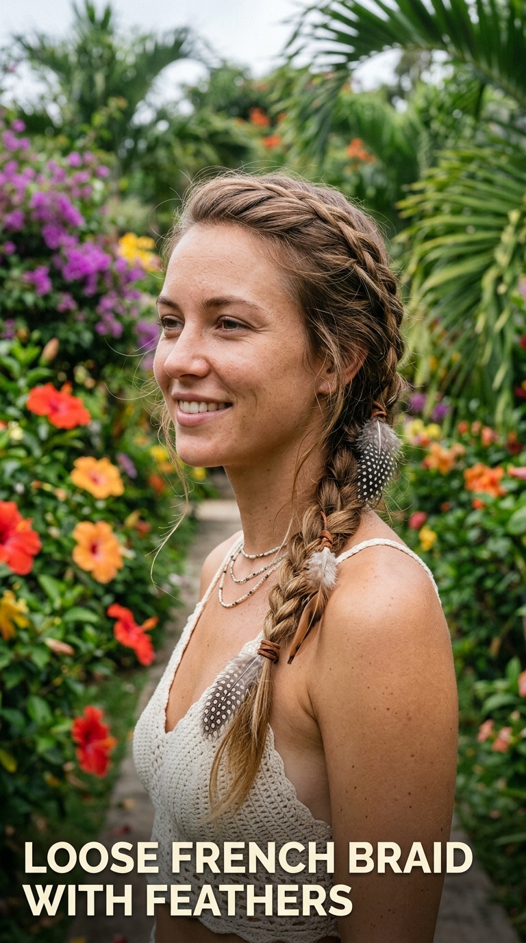 Loose French Braid with Feathers