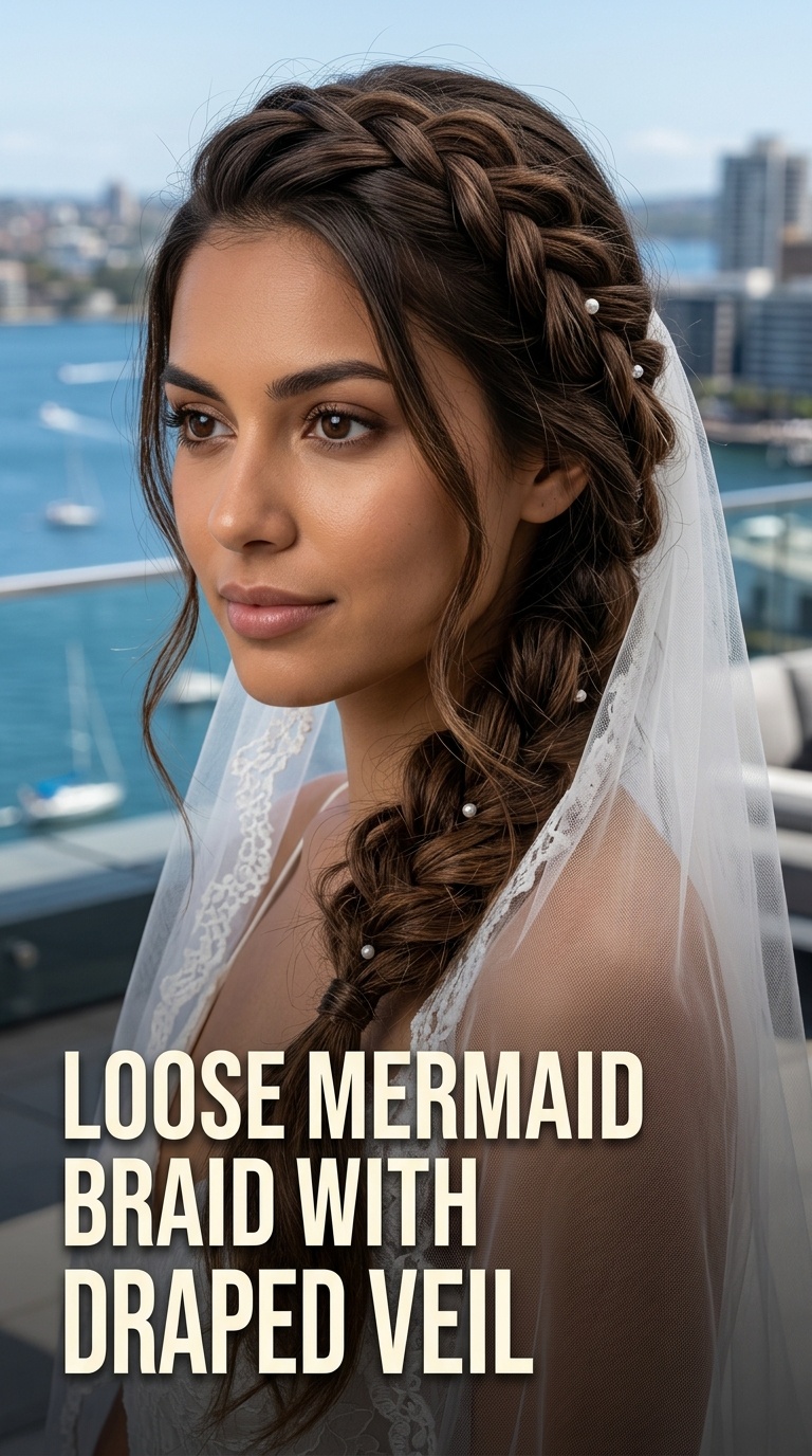 Loose Mermaid Braid with Draped Veil