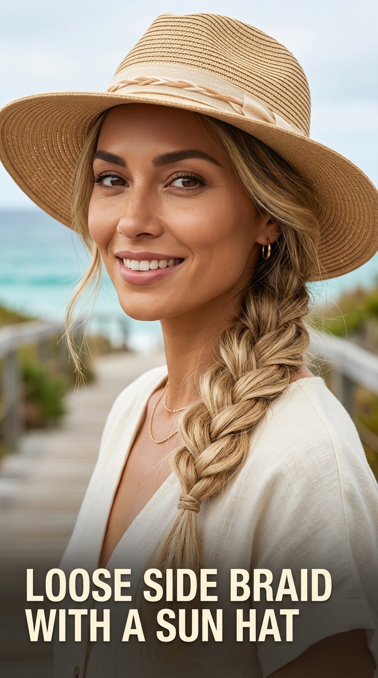 Loose Side Braid with a Sun Hat