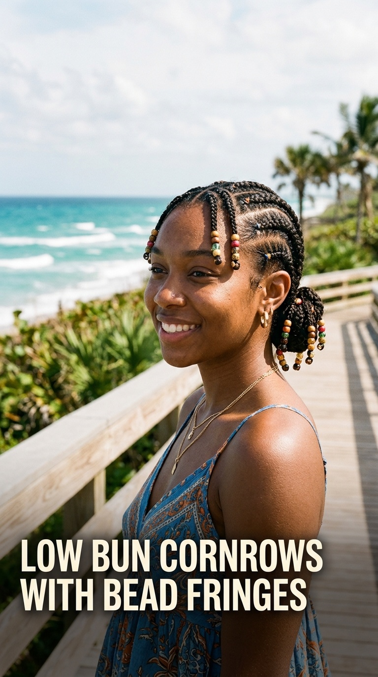 Low Bun Cornrows with Bead Fringes