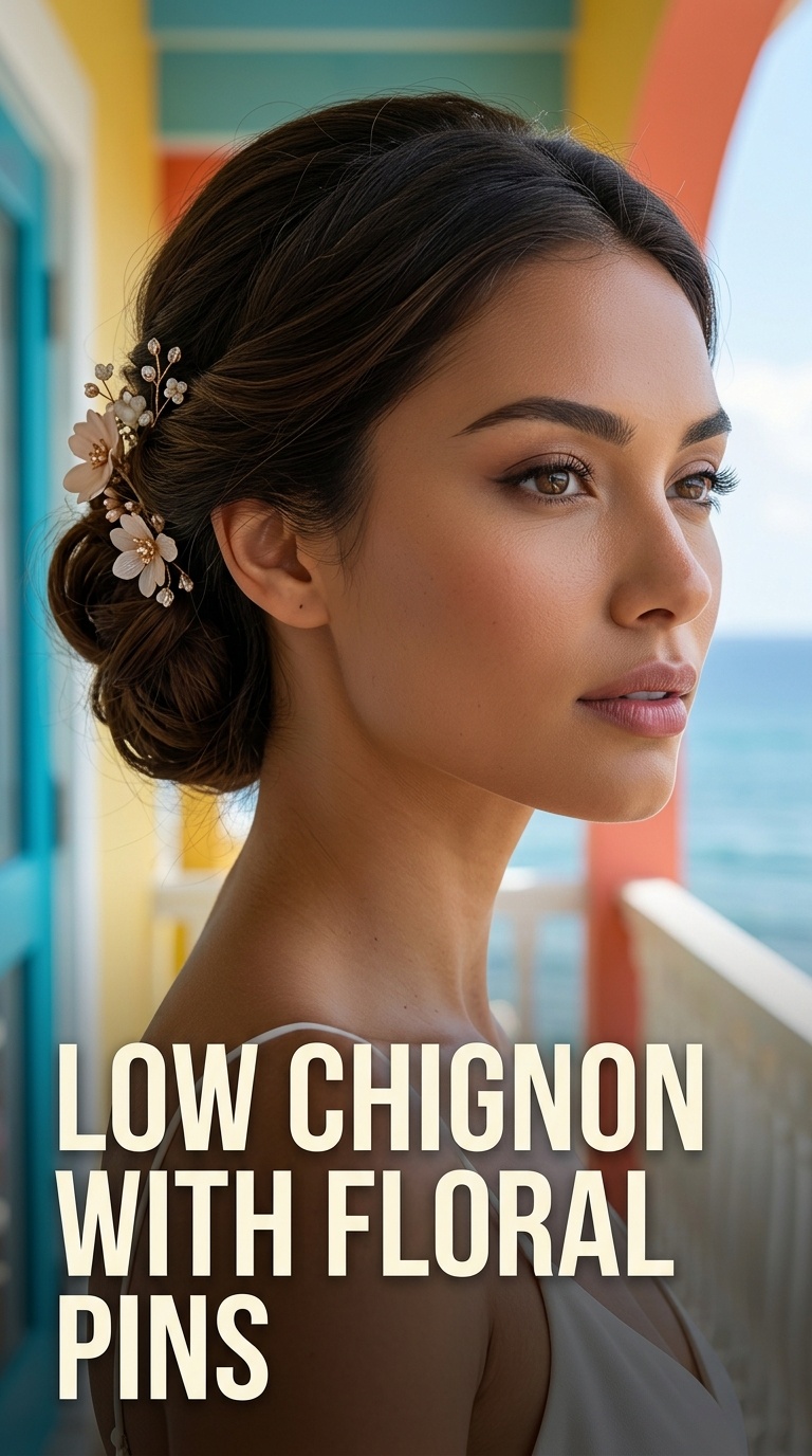 Low Chignon with Floral Pins