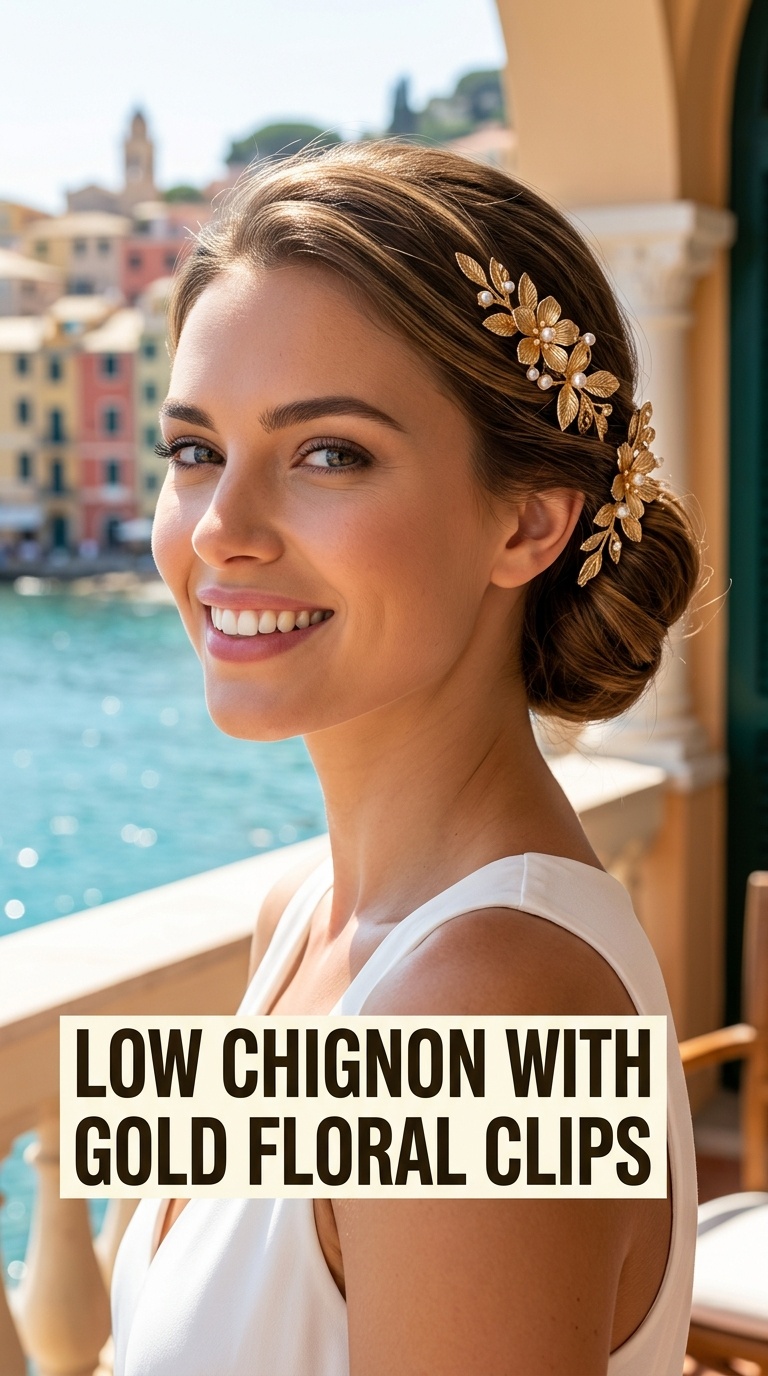 Low Chignon with Gold Floral Clips