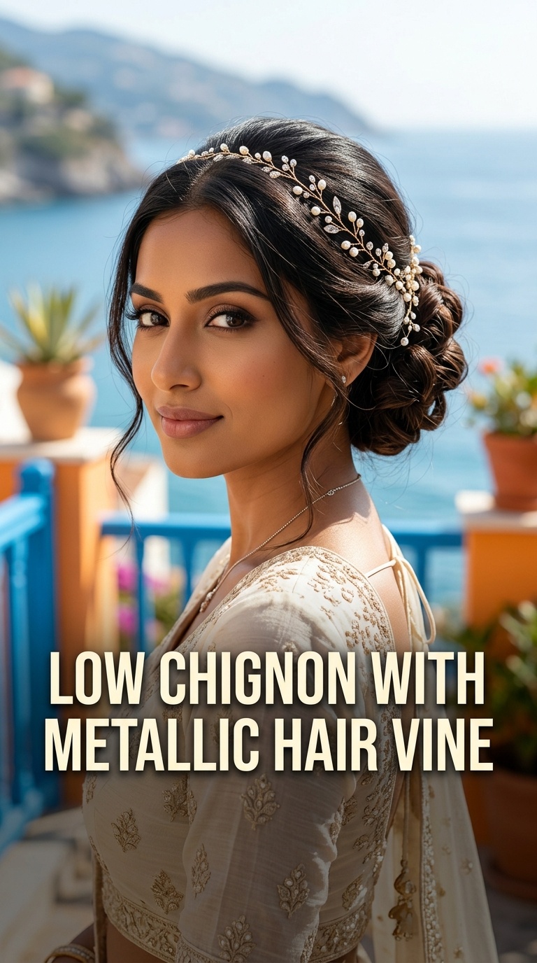 Low Chignon with Metallic Hair Vine