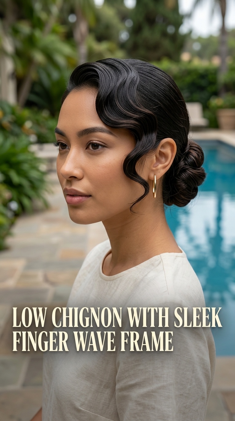 Low Chignon with Sleek Finger Wave Frame