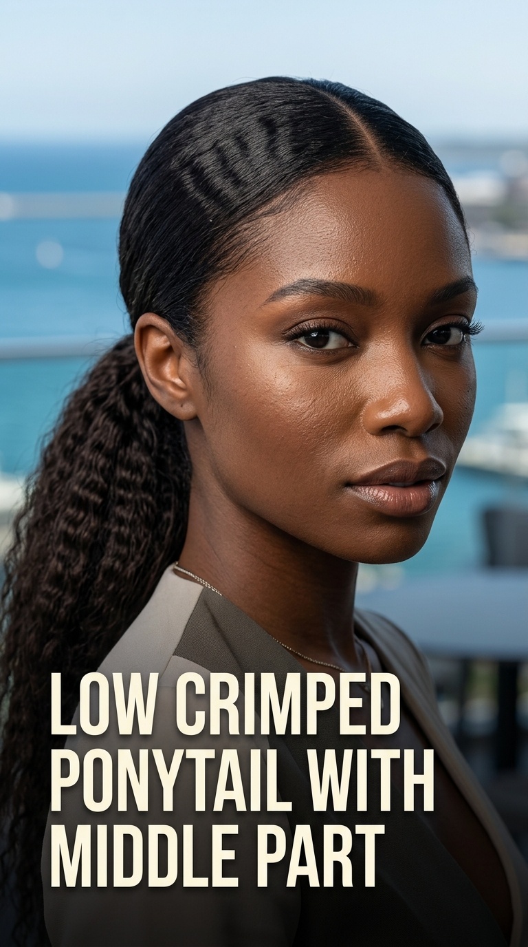 Low Crimped Ponytail with Middle Part