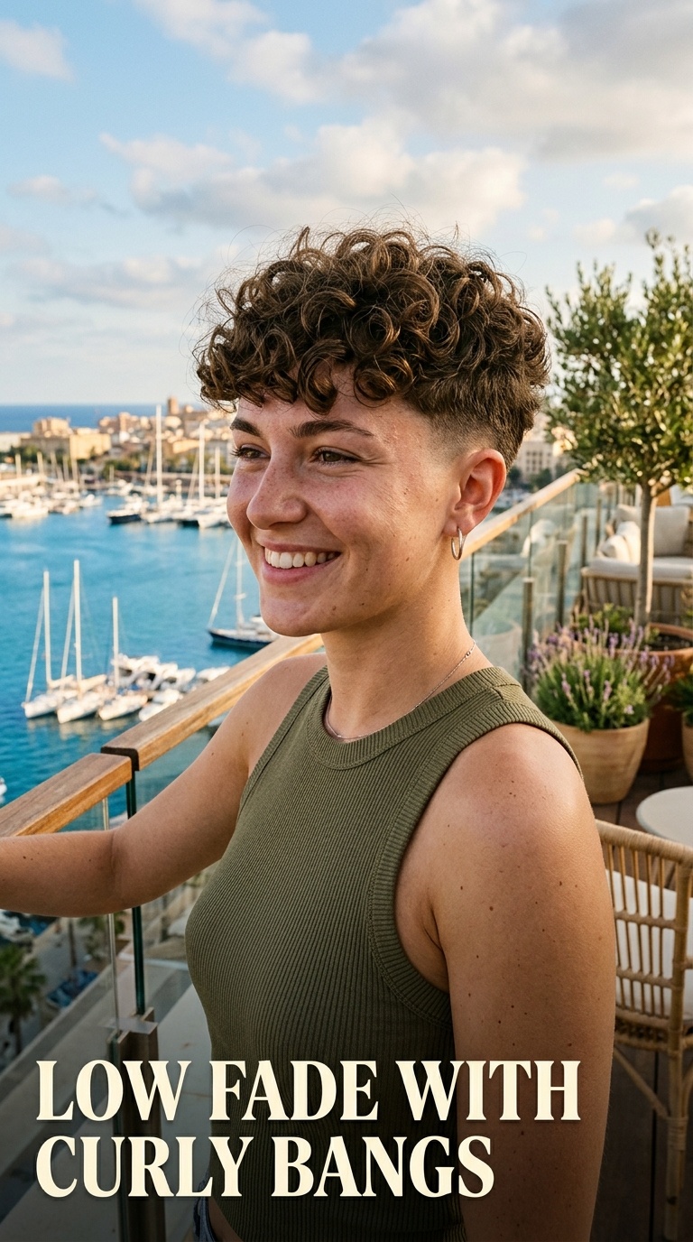 Low Fade with Curly Bangs