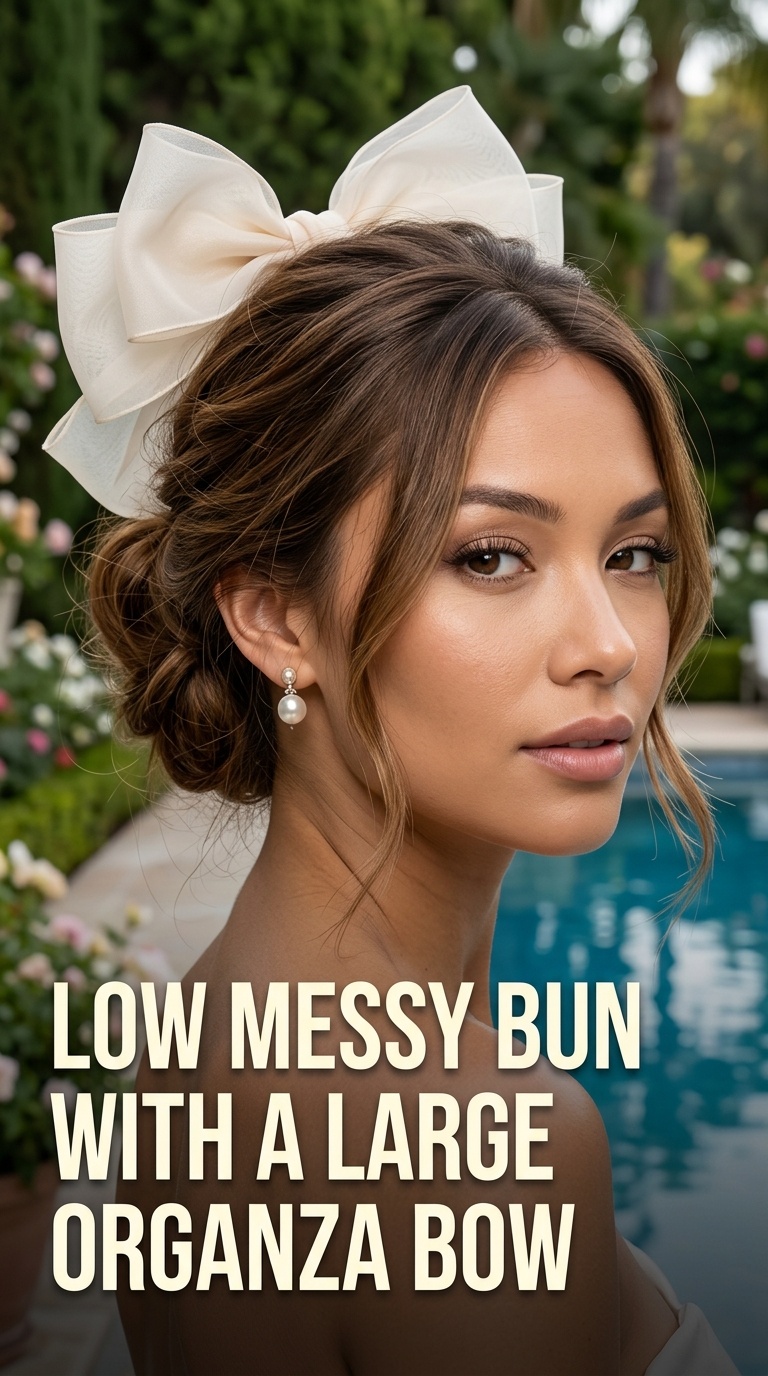 Low Messy Bun with a Large Organza Bow