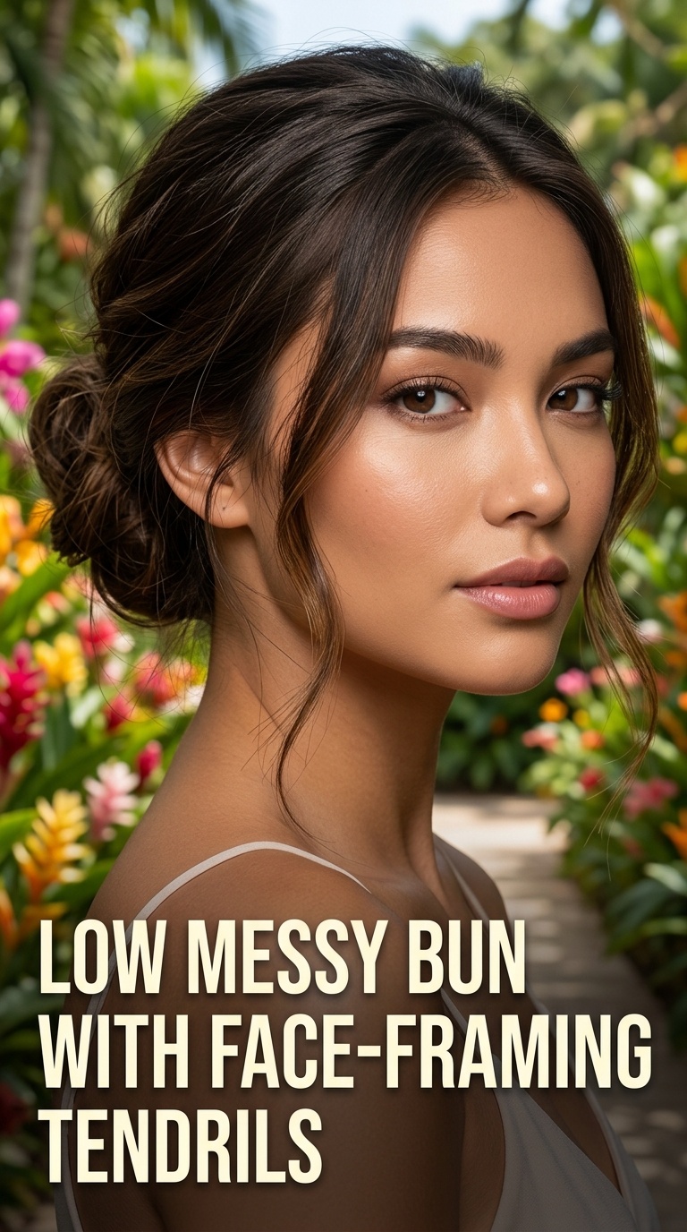 Low Messy Bun with Face-Framing Tendrils