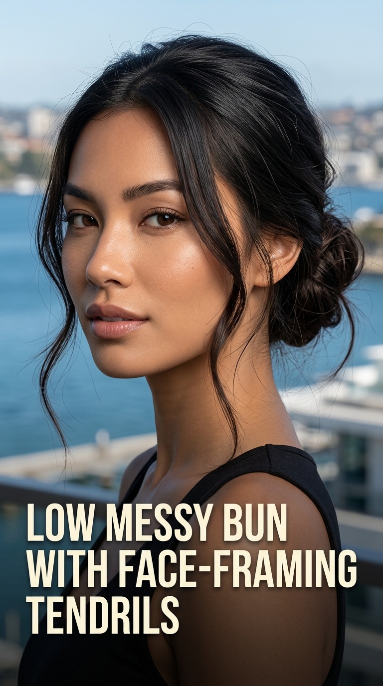 Low Messy Bun with Face-Framing Tendrils