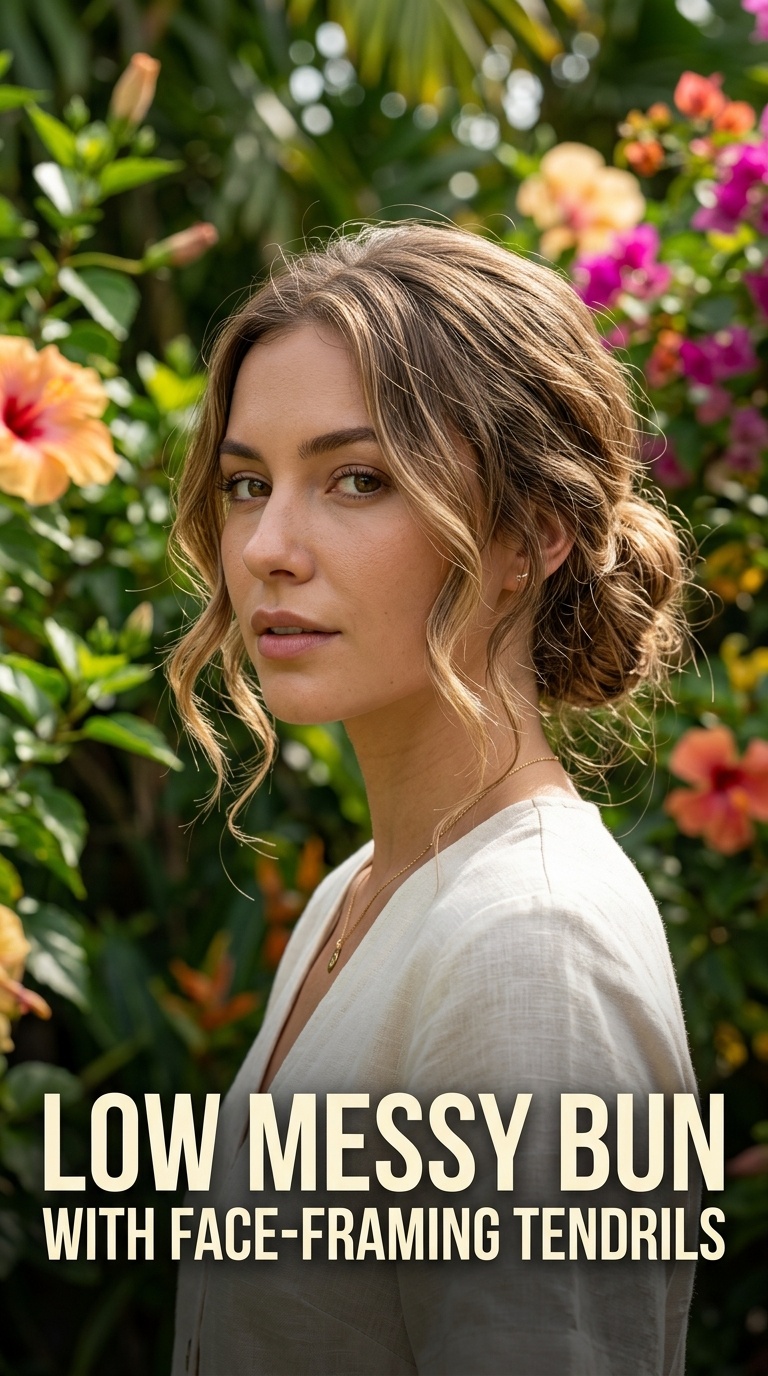 Low Messy Bun with Face-Framing Tendrils