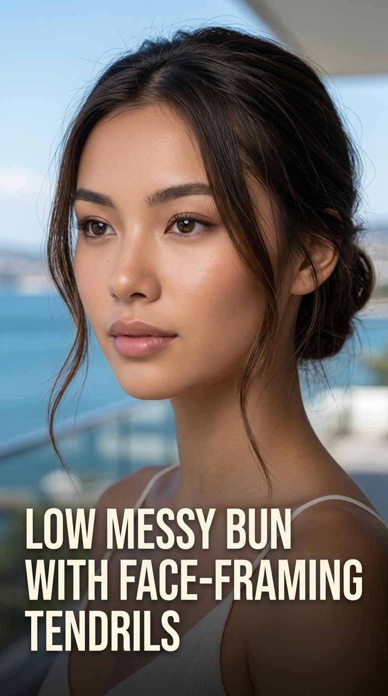 Low Messy Bun with Face-Framing Tendrils