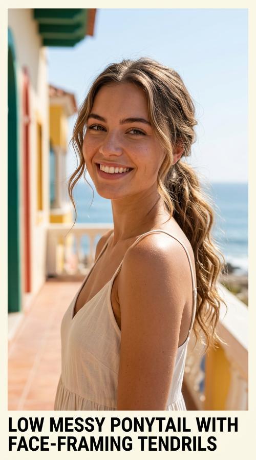 Low Messy Ponytail with Face-Framing Tendrils