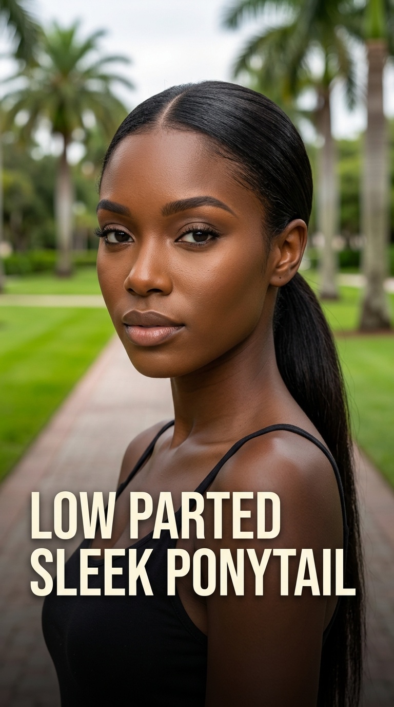 Low Parted Sleek Ponytail
