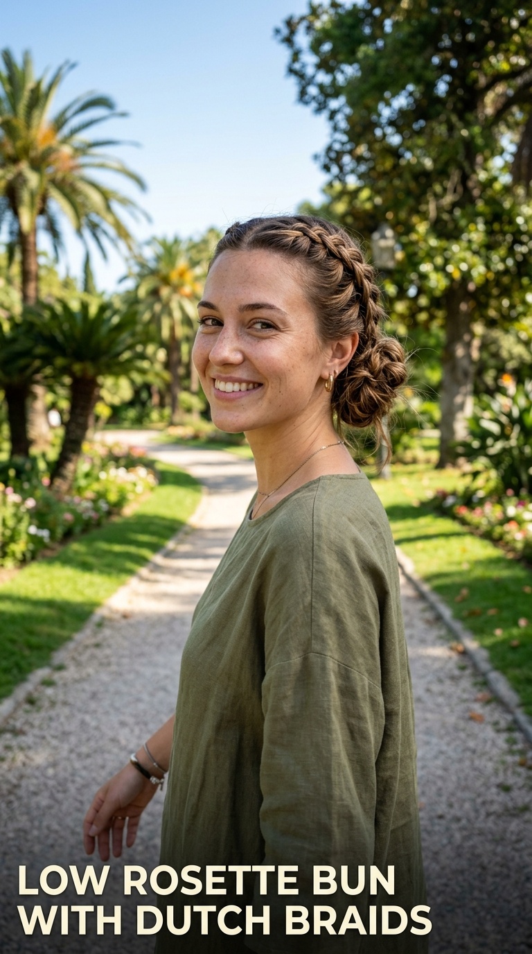 Low Rosette Bun with Dutch Braids