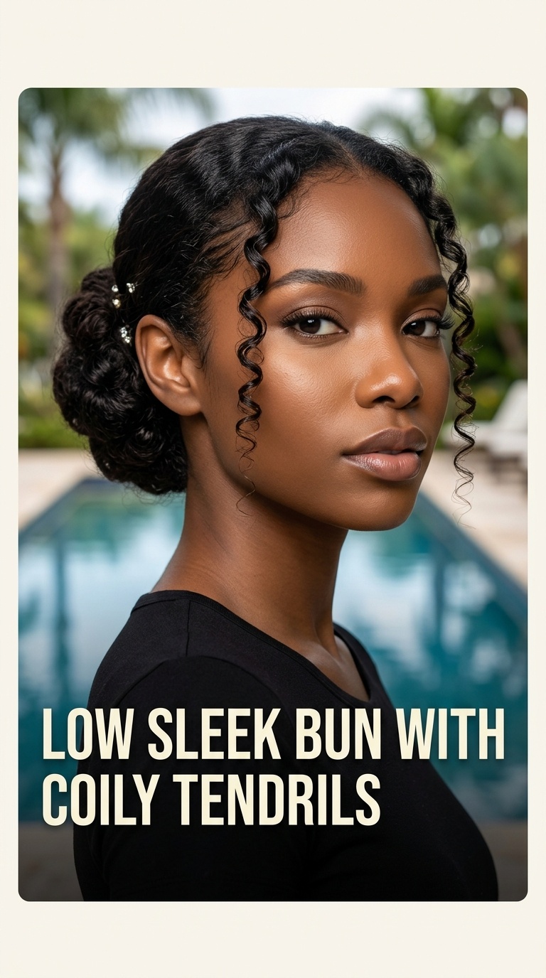 Low Sleek Bun with Coily Tendrils