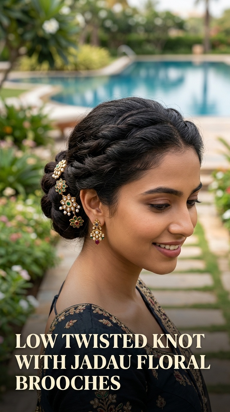 Low Twisted Knot with Jadau Floral Brooches