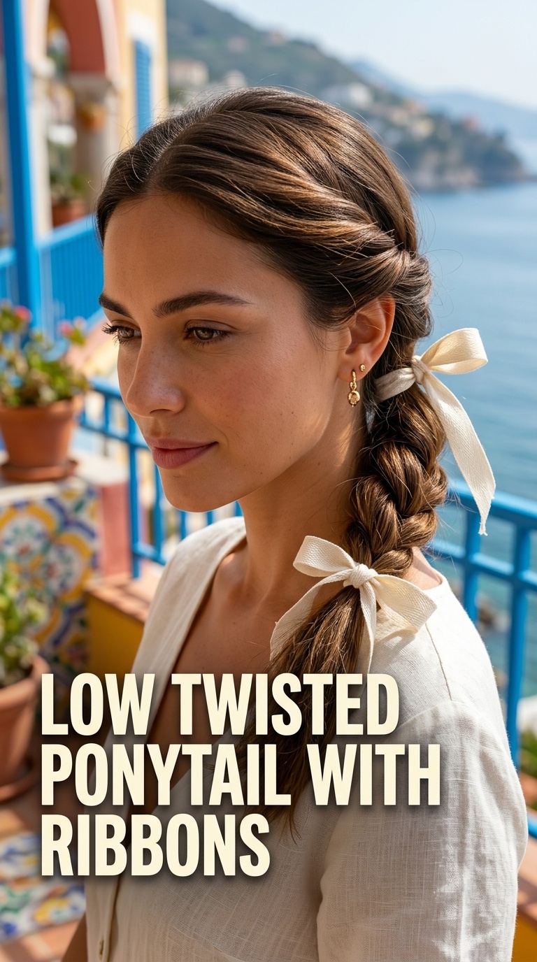 Low Twisted Ponytail with Ribbons