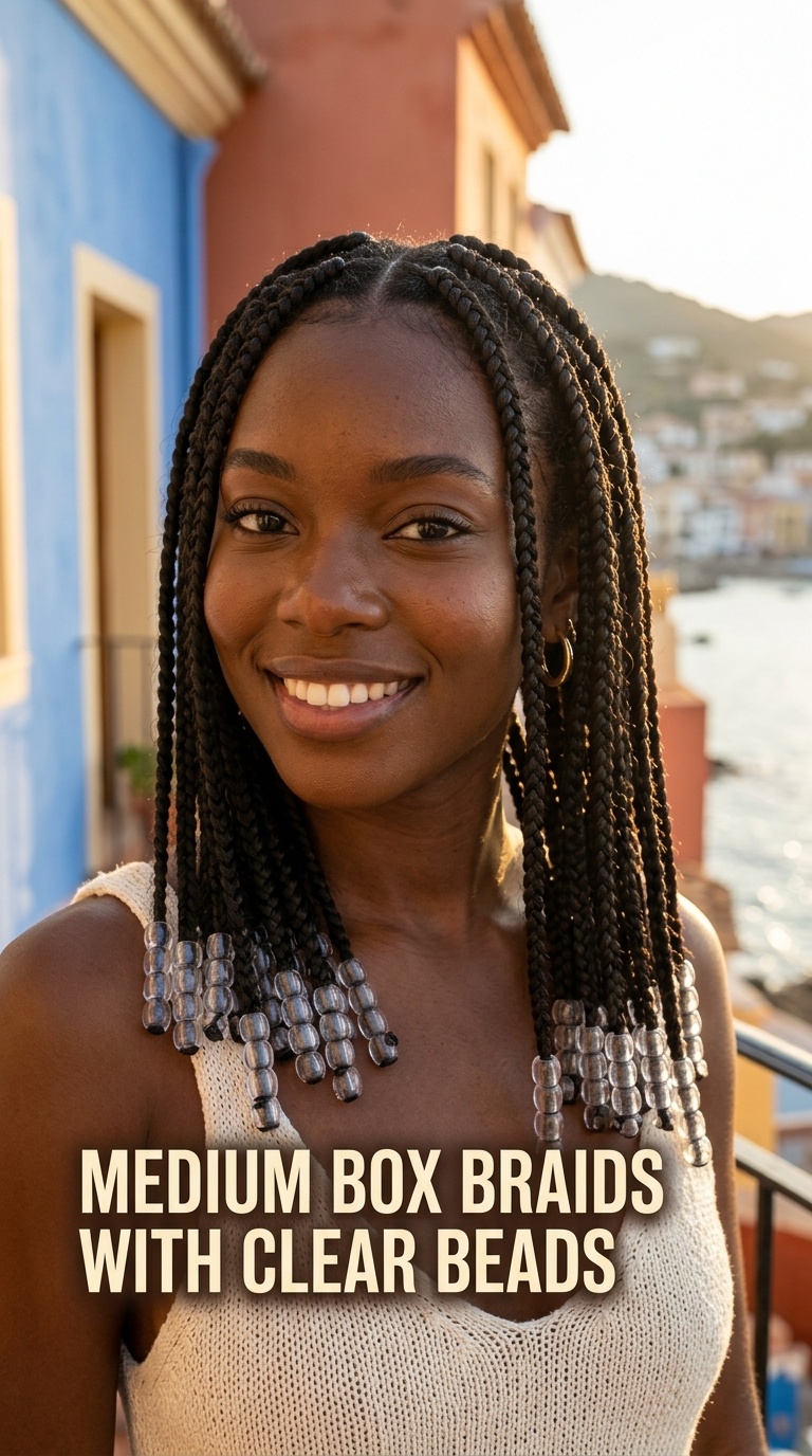 Medium Box Braids with Clear Beads