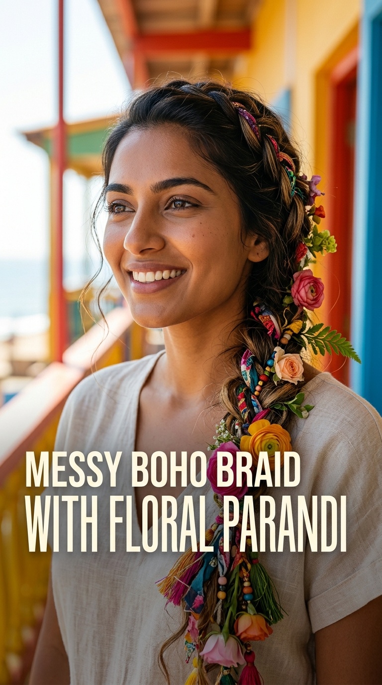 Messy Boho Braid with Floral Parandi