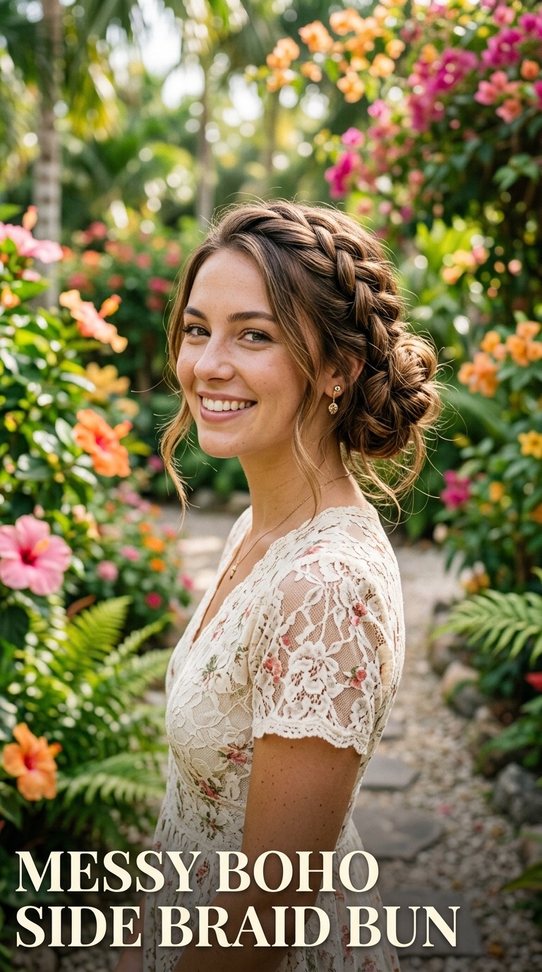Messy Boho Side Braid Bun