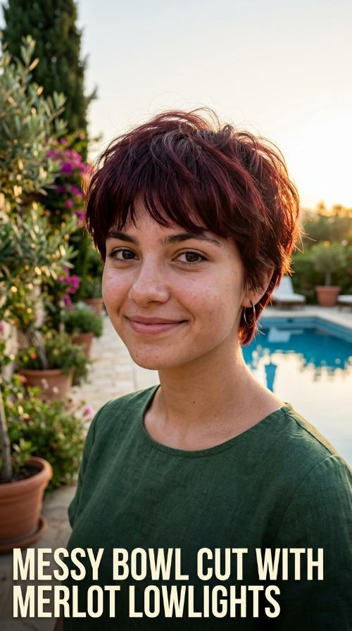Messy Bowl Cut with Merlot Lowlights