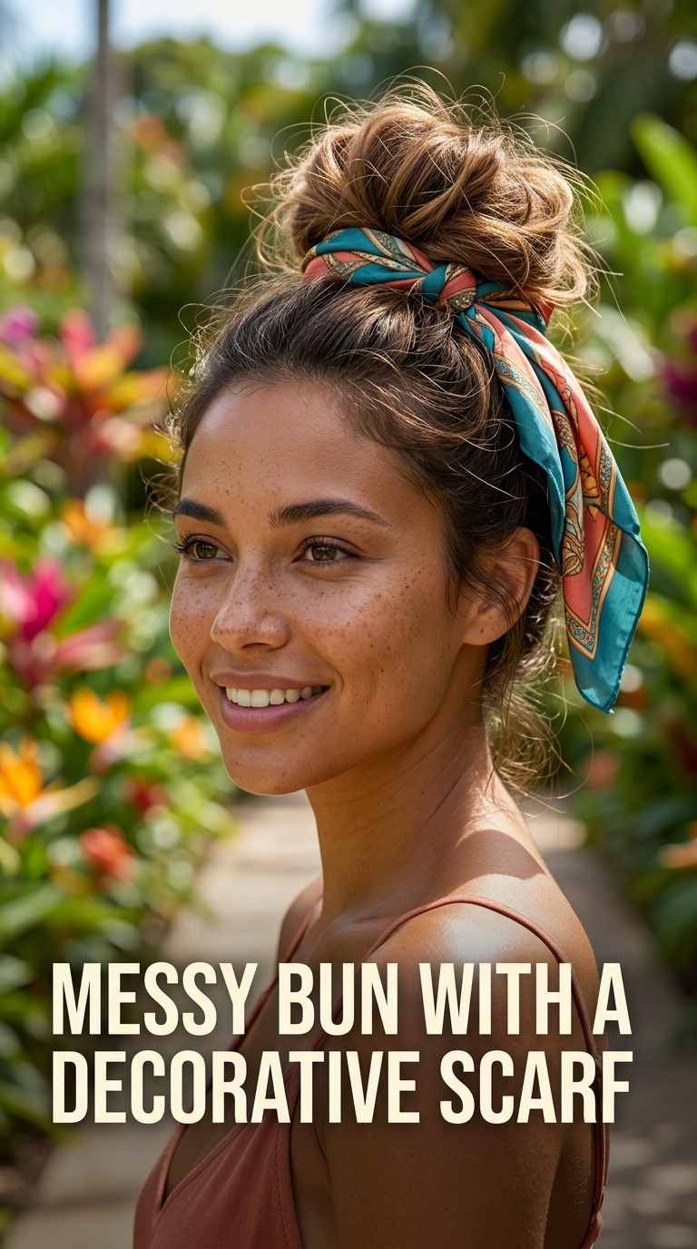 Messy Bun with a Decorative Scarf