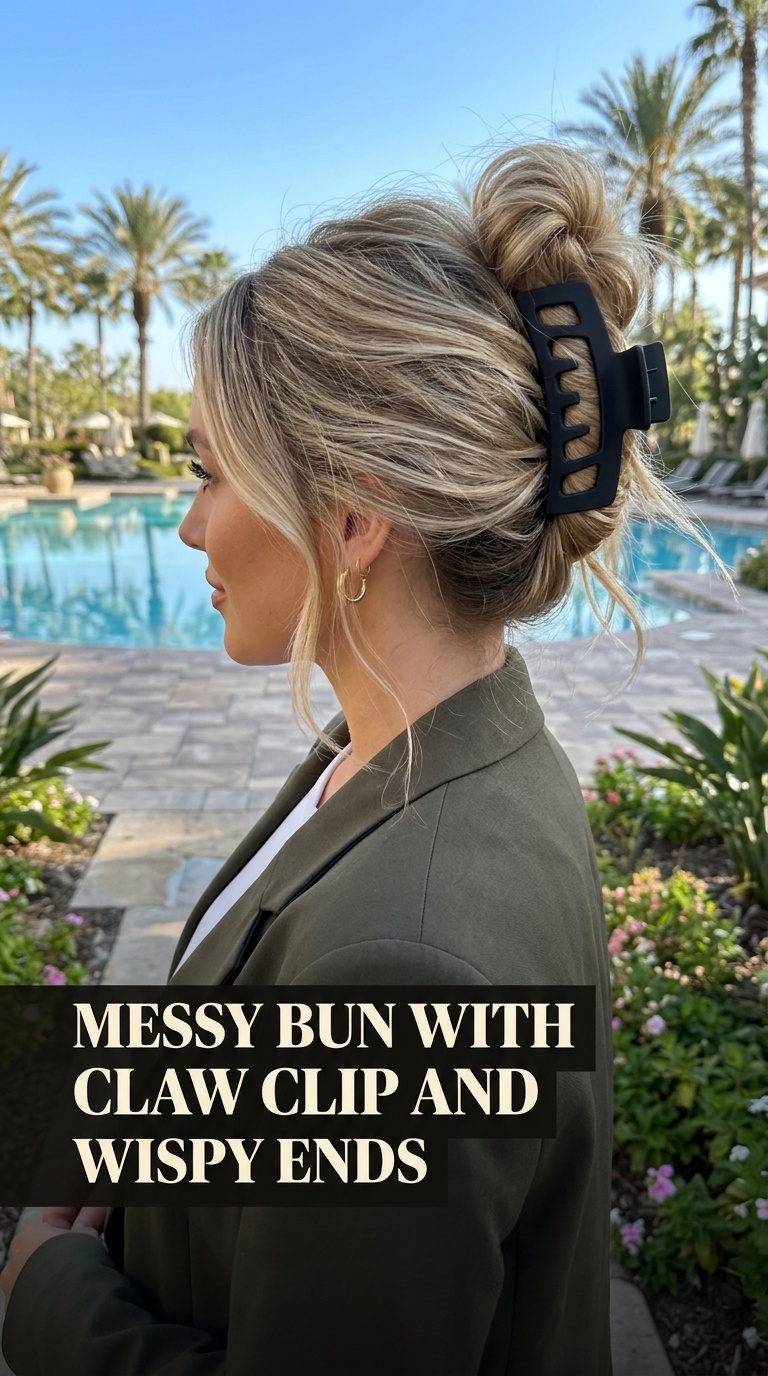 Messy Bun with Claw Clip and Wispy Ends