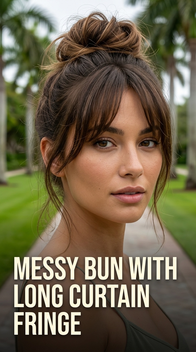 Messy Bun with Long Curtain Fringe