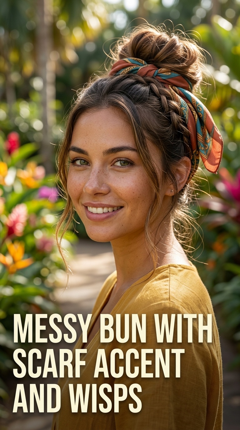Messy Bun with Scarf Accent and Wisps