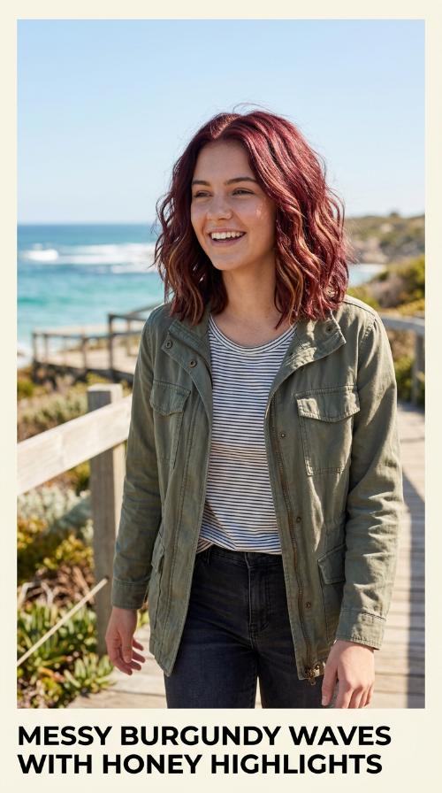 Messy Burgundy Waves with Honey Highlights