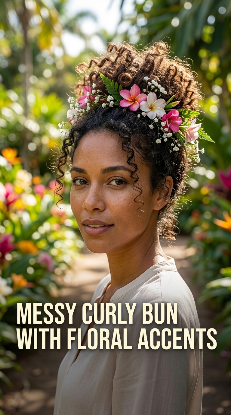 Messy Curly Bun with Floral Accents