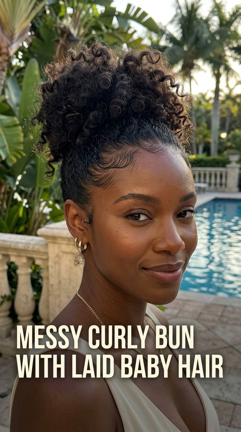 Messy Curly Bun with Laid Baby Hair