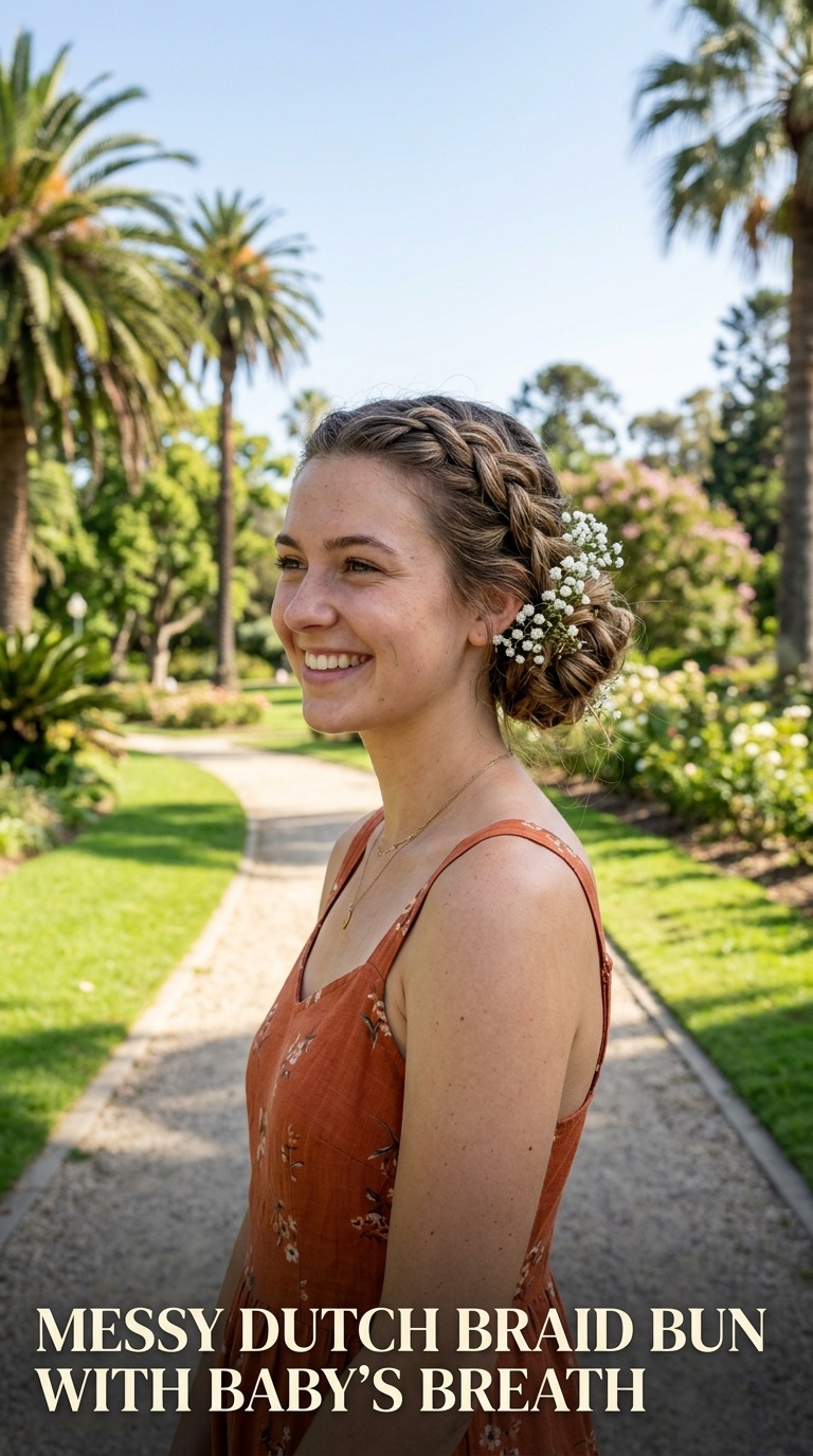 Messy Dutch Braid Bun with Baby’s Breath