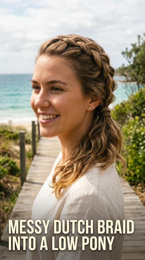Messy Dutch Braid into a Low Pony