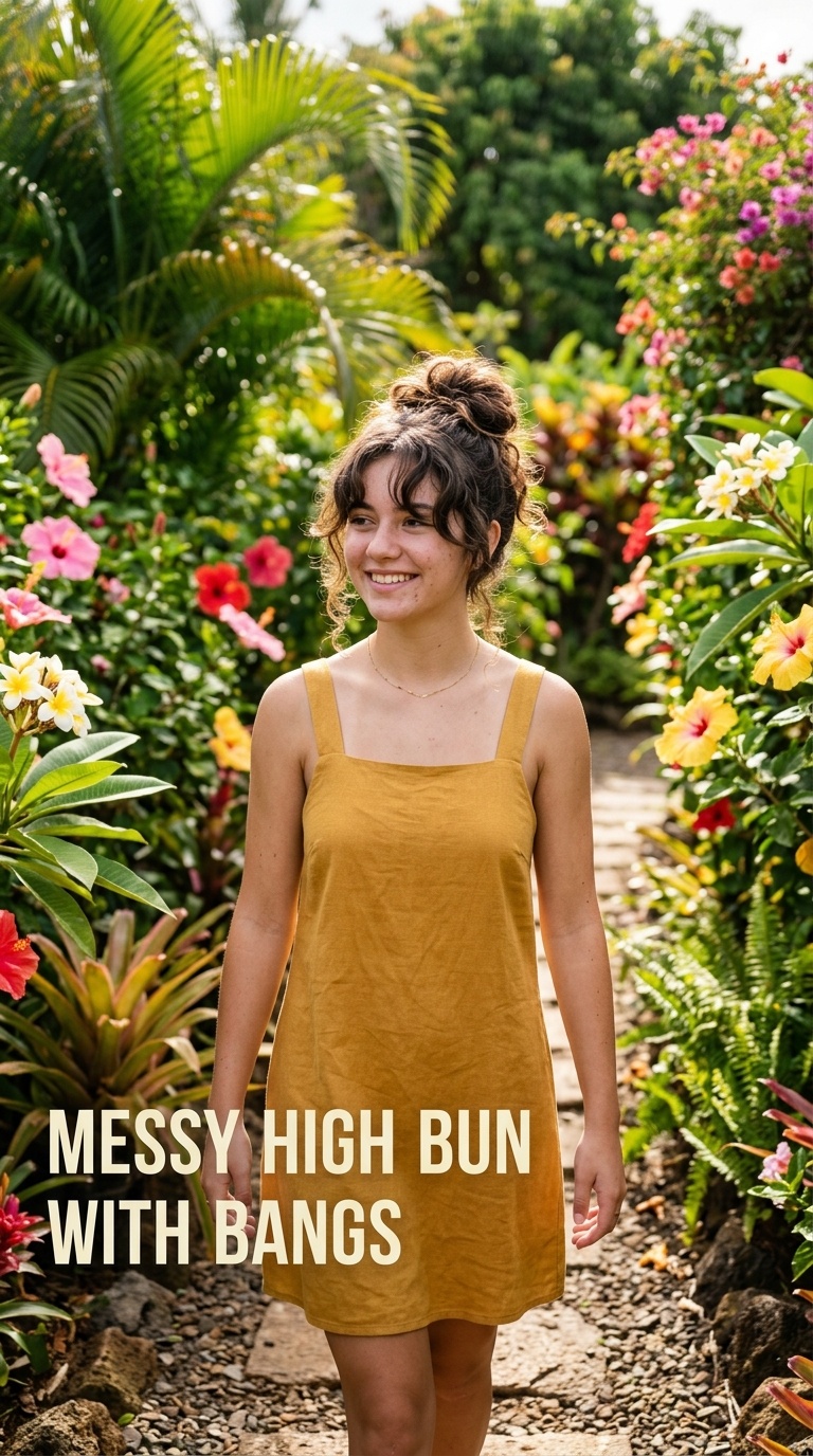Messy High Bun with Bangs